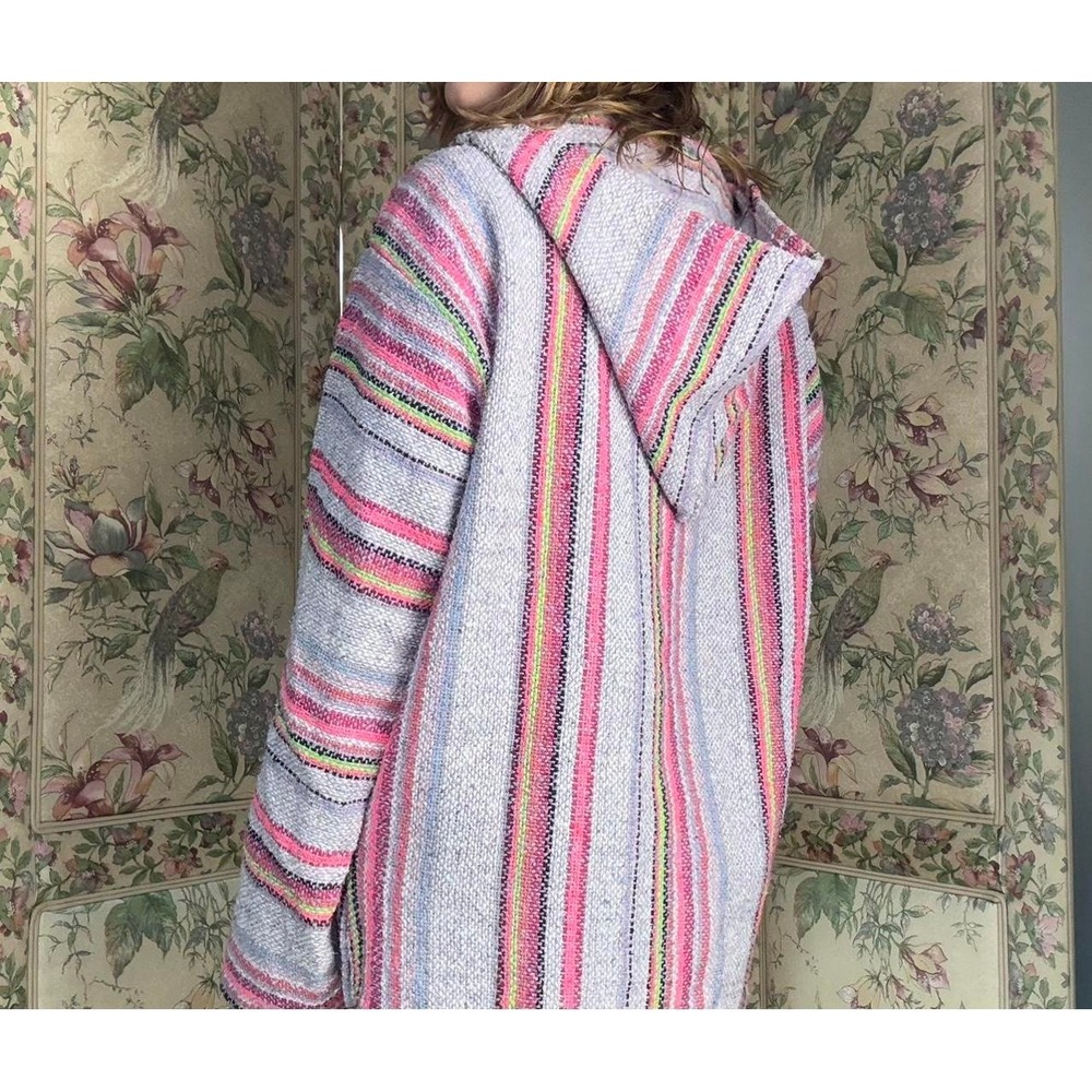 Vintage Baja Hoodie Mens XL Neon Pink Green Striped Long Sleeve Stoner Pullover